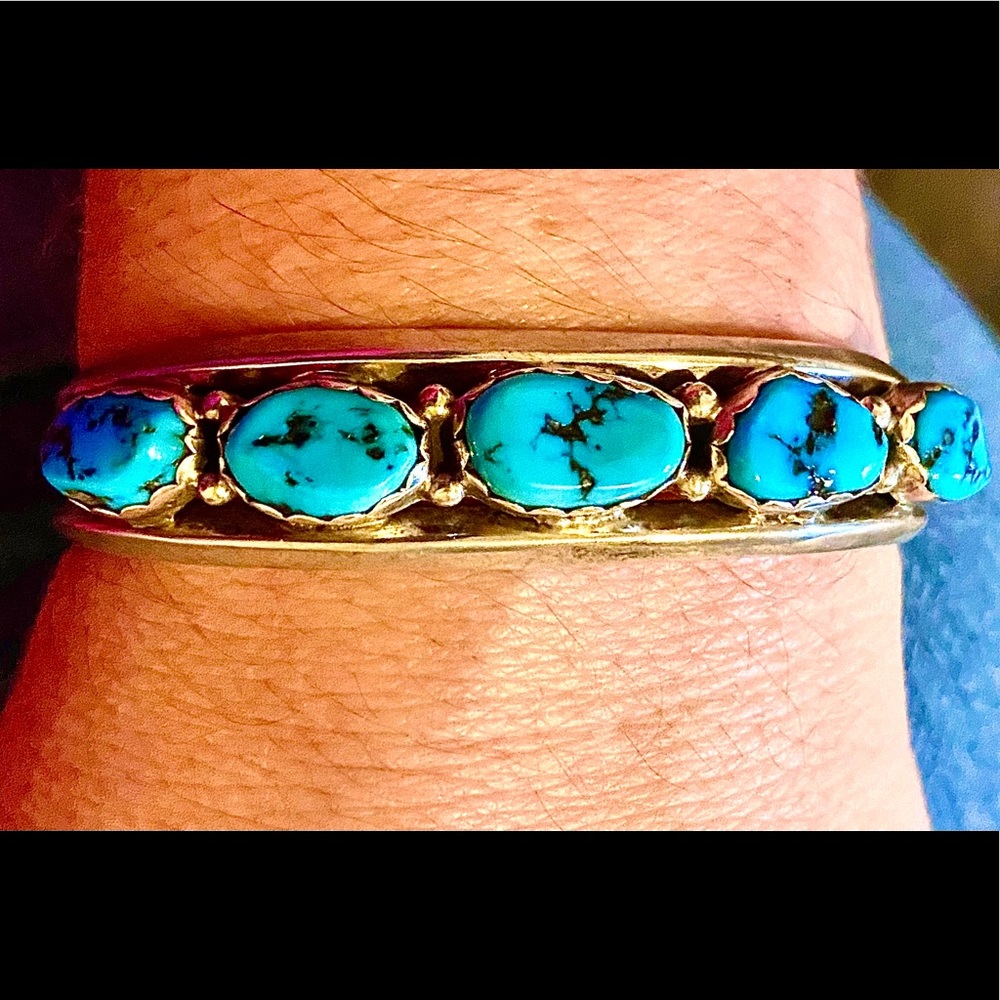Vintage Old Pawn Navajo Turquoise 5 Stone 925 Cuff